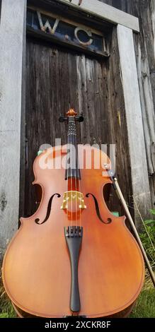 Cello steht vor dem rustikalen Haus Stockfoto