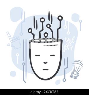 Menschlicher Roboterkopf mit digitalem Informationsfluss. Das Konzept der künstlichen Intelligenz, Innovation und Computertechnik Stock Vektor