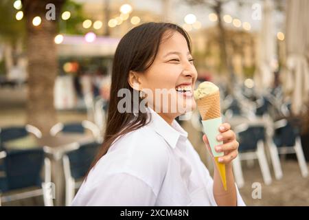 Lächelnde Frau mit Eis im Park Stockfoto