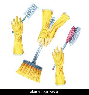 Handset in Gummihandschuhen, die Besen sowie Staub- und Scheuerbürsten halten. Aquarellillustration von Reinigungsutensilien für Bad, Küche, Haus. Clipart für Housekeeping, Hausmeisterservice, Stockfoto