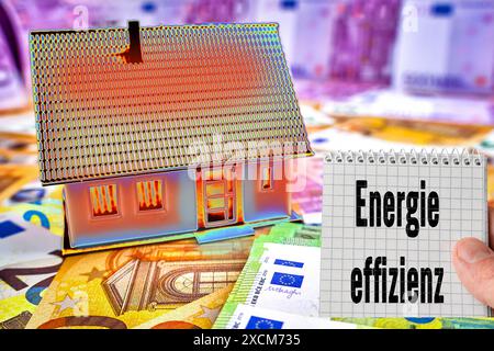 Deutschland - 17. Juni 2024: Wärmebild eines Hauses oder Wohngebäudes. Daneben ein Hinweis mit Text: Energy Efficiency. FOTOMONTAGE *** Wärmebild von einem Haus, bzw. Von einem Wohn-Gebäude. Daneben ein Zettel mit Text: Energieeffizienz. FOTOMONTAGE Stockfoto