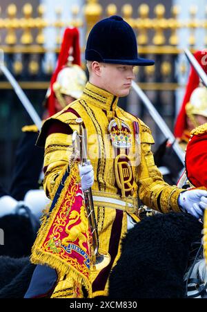 London, Großbritannien. Juni 2024. LONDON, ENGLAND – 15. JUNI: Truppe der Farbe am 15. Juni 2024 in London, England. Trooping the Colour ist eine feierliche Parade zum offiziellen Geburtstag des britischen Monarchen. Die Veranstaltung umfasst über 1.400 Soldaten und Offiziere, begleitet von 200 Pferden. Mehr als 400 Musiker aus zehn verschiedenen Bands und Corps of Drums marschieren und treten in perfekter Harmonie POINT THE GUE OUT/dpa/Alamy Live News auf Stockfoto