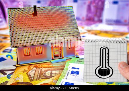 Deutschland - 17. Juni 2024: Wärmebild eines Hauses oder Wohngebäudes. Daneben eine Notiz mit dem Symbol: Thermometer. Konzept Wärmeverlust durch schlechte Isolierung im Haushalt. FOTOMONTAGE *** Wärmebild von einem Haus, bzw. Von einem Wohn-Gebäude. Daneben ein Zettel mit Symbol: Thermometer. Konzept Wärmeverlust durch schlechte Isolierung und Dämmung in der Wohnung. FOTOMONTAGE Stockfoto