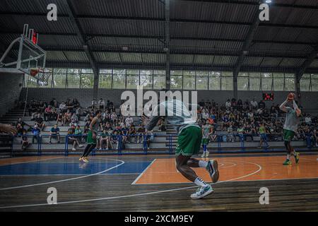 Blumenau, Santa Catarina, Brasilien. Juni 2024. BLUMENAU (SC), 17.06.2024- BRASILIANISCHE AUSWAHL/BASKETBALL- offenes Training der brasilianischen Basketballmannschaft für Männer, das am Montag, 17. Juni 2024 in der Stadt Blumenau stattfindet, bereitet sich das Team auf den vorolympischen Wettbewerb für Männer vor, der vom 2. Bis 7. Juli in Riga, Lettland, stattfindet. (Kreditbild: © Richard Ferrari/TheNEWS2 via ZUMA Press Wire) NUR REDAKTIONELLE VERWENDUNG! Nicht für kommerzielle ZWECKE! Stockfoto