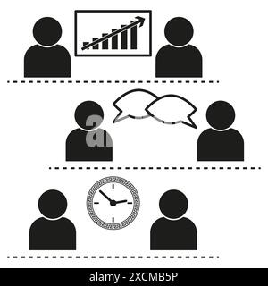 Symbole für die Geschäftskommunikation. Besprechung, Diskussion, Zeitmanagement. Schwarz-weiß. Vektorgrafik. Stock Vektor