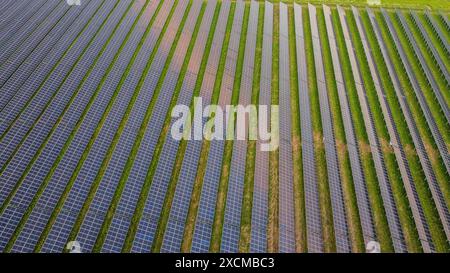 Solarpaneele in Reihen auf ländlichen Flächen installiert. Stockfoto