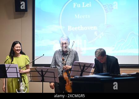 (240618) -- VALLETTA, 18. Juni 2024 (Xinhua) -- Musiker treten beim Konzert Harmony in Translation: Fu Lei meets Beethoven in Valletta, Malta, 16. Juni 2024 auf. Beethovens Meisterwerke kamen am Sonntagabend mit Texten eines renommierten chinesischen Übersetzers zu einem Konzert in Malta zusammen: „Harmony in Translation: Fu Lei meets Beethoven“. Der Auftritt eines Trios mit Niu Ruixin und Pierre-Henri Xuereb an der Bratsche und Pascal Mantin am Klavier fand im China Cultural Center in Malta statt. Fu Lei ist berühmt für seine Beiträge zur chinesischen Literatur als Übersetzer des Französischen Stockfoto