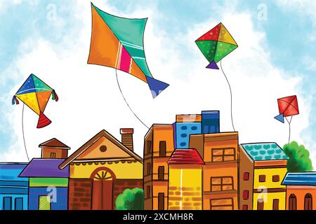 Makar Sankranti-Feier mit farbenfrohen Drachen-Design Stock Vektor