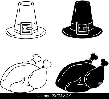 Gebratene Truthahn und Pilgermütze Schwarzweiß-Silhouette und Umrisse handgezeichnetes Thanksgiving-Symbol. Isolieren Sie den EPS-Vektor. Karten, Poster, Banner, Broschüre, Gruß, Einladung, Tag, Label oder Webidee Stock Vektor