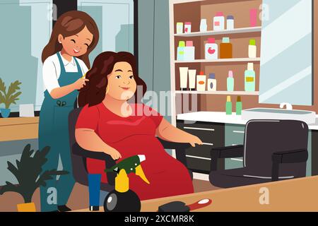 Eine Vektorillustration einer Friseurin, die an einem Kunden in einem Salon arbeitet Stock Vektor
