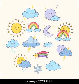 Niedliches Zeichentrick-Wetter-Elemente-Illustrationsset Stock Vektor