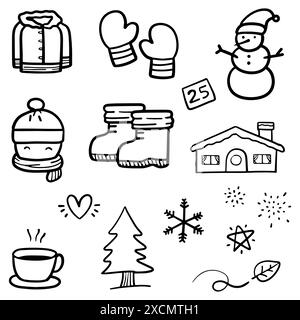 Kritzelabstrakt der Winterthemen in dünner Linie Set umfassen Schneemann, Menschen und Werkzeugsatz Schnee in Vektor Illustration Stock Vektor