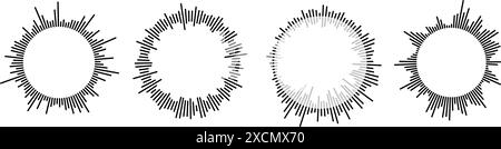 Radial Sound Wave Pattern Kollektion. Rundlautsprecher, Musik- oder Sprachsymbole. Runde, welliges Equalizer-Spektrum-Symbolpaket. Circle Sunburst Bundle. Vektorschwarze Schallwellenelemente Stock Vektor