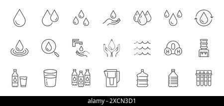 Symbolgruppe Wasserleitung. Regentropfen, Glas, H2O-Molekül, Reinigungsfilter, reine Aqua-Umrissvektorillustration. Lineares Piktogramm für Getränk. Bearbeitbar Stock Vektor