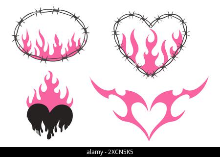 Herzflamme y2k Gothic Tattoo Neo Tribal isoliert auf weißem Hintergrund. Retro-Dekoration der 90er Jahre, Emo-Symbol. Liebe, romantische Form. Vektorabbildung Stock Vektor