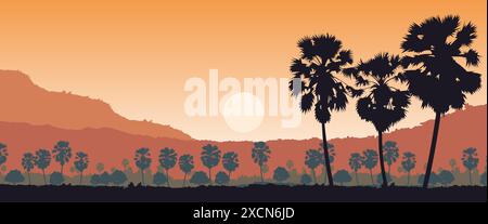 Silhouette Landschaft der Landlandschaft Asiens auf tropischem Gebiet mit Palmen, Vektor-Illustration Stock Vektor