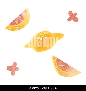 Zitronen: Ganze Zitrone, zwei Zitronenscheiben, Zitronenblüten. Clipart. Isolierte Aquarellillustration auf weißem Hintergrund für die Gestaltung von Tee Stockfoto