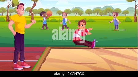 Vater unterstützt den Sohn beim Weitsprung. Vektor-Karikaturillustration von glücklichem Vater stolz auf aktives Kind während des sportlichen Workouts, Familie genießt Outdoor-Aktivitäten zusammen, Kinder spielen im Sommerpark Stock Vektor
