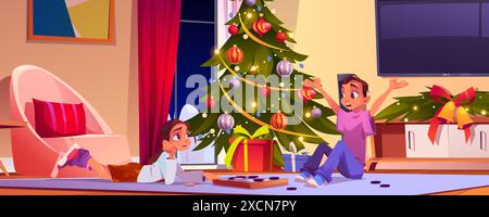 Die Familie feiert Weihnachten mit einer Geschenkbox und einem Baum im Wohnzimmer. Kinderfigur sitzt auf dem Boden neben dem Geschenk und Weihnachtsdekoration in der Wohnung. Lustige Schwester und Bruder reden abends zusammen Stock Vektor