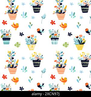Nahtloses Muster dekorativer heller Blumen in Töpfen auf weißem Hintergrund. Geeignet für Textilien, Tapeten, Verpackungen und Wohnkultur. Das Muster zeigt bunte Topfpflanzen und verleiht einen fröhlichen Touch... Stock Vektor