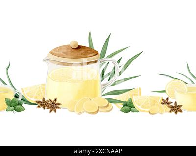 Ingwertee mit Zitronen, grüner Minze und Sternanis Gewürz in Glas Teekanne und Tasse Aquarell nahtlose Rand Illustration Stockfoto
