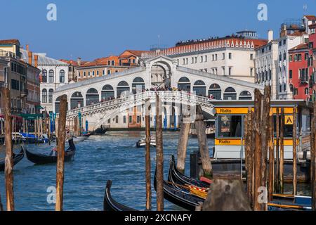 Venedig, Italien, Skyline der Stadt mit Rialtobrücke über den Canal Grande und Wasserbusplattform und Gondeln. Stockfoto