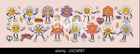Vektorsatz des groovigen Blumengesichts. Funky Gänseblümchen-Blumenpackung, Hippie-Pflanzen, Retro-Aufkleber. Kamillenfiguren mit unterschiedlichen Emotionen und Handgesten. Hippie-Blumen, süßes Maskottchen mit lustigen Gesichtern. Stock Vektor