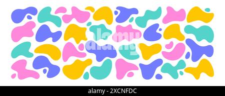 Set aus flüssigen organischen Formen, unregelmäßige Form in leuchtenden Farben. Farbenfrohe, einfache Freiform, asymmetrischer Blob. Zufällige deformierte abstrakte Figuren. Wellige Flecken oder flüssige amorphe Flecken. Moderne, unebene Flecken Stock Vektor
