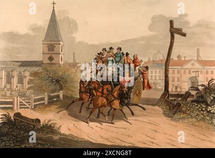 Aufbruch einer überbesetzten Kutsche, 1816, England, Historisch, digital restaurierte Reproduktion von einer Vorlage aus dem 19. Jahrhundert, Datum nicht angegeben Stockfoto