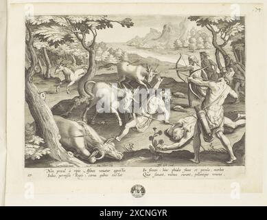 Venationes ferarum, Avium, Piscium, Jagden auf Wildtiere, Vögel und Fische, Einhorn Jagd, 1596, Antwerpen, von Jan Collaert dem Jüngeren, Jan van der St. Stockfoto