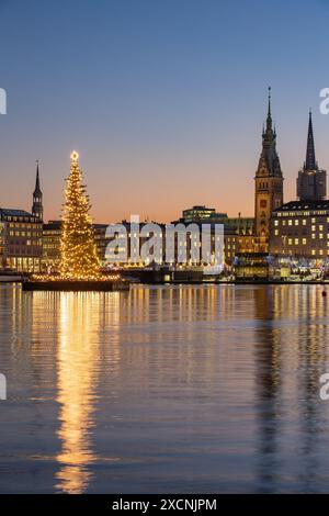 Hamburgs Binnenalster mit Weihnachtsbaum im Abendlicht Stockfoto