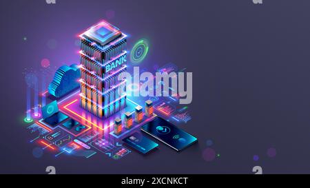 Online-Internet-Bank-Konzept. Sicherheitssystem der Online-Internetbank mit Multifaktor-Authentifizierung. Schutzzugang auf dem Bankkonto. Telefon, Karte Stock Vektor