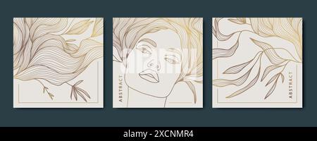 Vektor Frau Gesichtslinie Design, Schönheit Natur Logo, weibliche Haar Salon Prints. Blumen Mode Illustrationen, Kosmetik, Spa, Pflege Zeichnen Stock Vektor