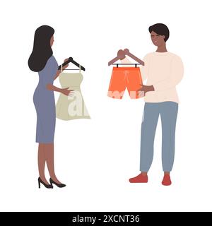 Mann und Frau, die Kleiderbügel halten, Ehemann und Frau wählen Kleidungsstücke, um an der Vektor-Illustration des Ladens zu kaufen Stock Vektor