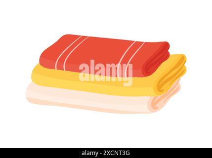 Stapel Handtücher, rote, gelbe und weiße Frottee, Mikrofaser oder Baumwolle gefaltete Servietten in Stapelvektor-Illustration Stock Vektor