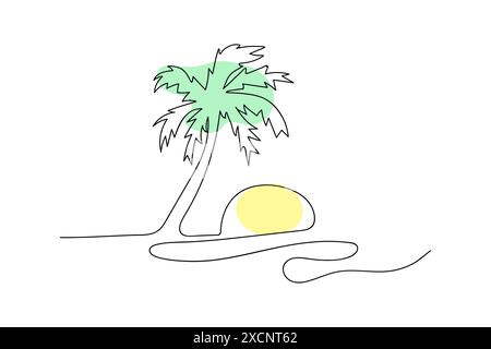 Palmensonne von Hand gezeichnet. Linienzeichnung mit durchgehenden Linien. Einzeilige Zeichnung Sommer Stock Vektor