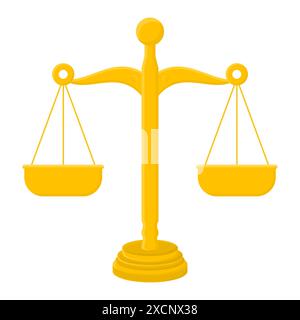 Goldene Waage der Gerechtigkeit. Abbildung einer Waage mit ausgewogener Gewichtsverteilung. Vektorskalen. Stock Vektor