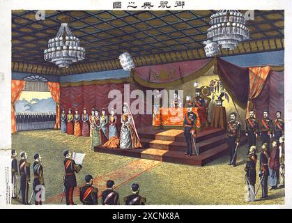 Kronprinz Yoshihito und Prinzessin Sadako bei ihrem Hochzeitsempfang auf der untersten Stufe des Dais stehen. Der Meiji-Kaiser und die Kaiserin sitzen hinter Tisch. Nach Torajiro Kasai, dem japanischen Künstler. Mai 1900 Stockfoto