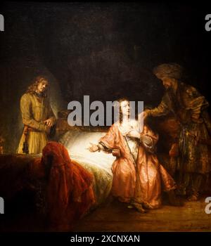 Gemälde mit dem Titel "Joseph beschuldigt von Potiphars Frau' von Rembrandt (1606-1669) ein niederländischer Zeichner, Maler und Grafiker. Vom 17. Jahrhundert Stockfoto