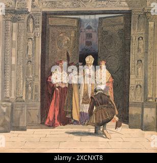 Abjuration von König Heinrich IV. Am 25. Juli 1593 in der Basilika Saint-Denis: Der König warf sich vor dem Erzbischof von Bourges (Renaud de Beaune) nieder, der ihn zum Katholizismus konvertierte. Illustration von Hermann Vogel in Henri IV., geschrieben von Georges Montorgueil und veröffentlicht 1907 von Boivin. Stockfoto