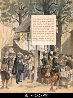 Nachdem sie gerade Marie de Medici geheiratet hatte, lud König Henri IV. Sie ein, Paris zu besuchen und seine Bewohner zu treffen. 1600. Illustration von Hermann Vogel, veröffentlicht in Henri IV., geschrieben von Georges Montorgueil und veröffentlicht von Boivin im Jahr 1907. Stockfoto