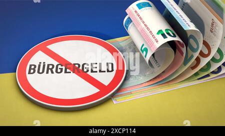 Schild mit dem deutschen Wort "Buergergeld" liegt auf Euro-Banknoten und ukrainischer Flagge - kein Bürgergeld mehr für Ukrainer in Deutschland Stockfoto