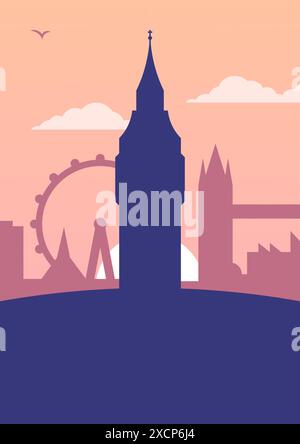 Londoner Monument mit Sonnenuntergang auf der Hintergrund-Illustration Stockfoto