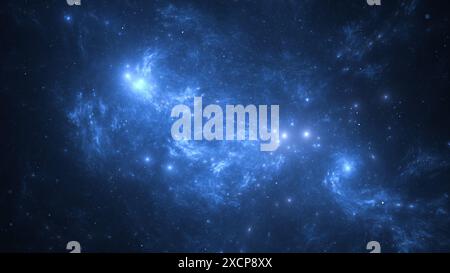 Cosmic nebula, glowing with bright blue light, against a backdrop of dark blue night sky scattered with faint stars. 3d render Stockfoto