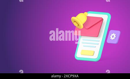 Erinnerung an eingehende neue Nachrichten Posteingang E-Mail Smartphone Anwendung 3D Vektorbanner Plakatvorlage. E-Mail-Nachrichten-Mailbox-Webbenachrichtigungen Stock Vektor