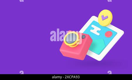 Fotogalerie Fotobild mit Schnappschuss Kamera Multimedia Bild 3D Vektor Banner Billboard Vorlage. Digitales Fotografieren von Inhalten librar Stock Vektor