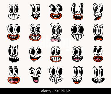 Retro-Zeichentrickfiguren lustige Gesichter. Stock Vektor