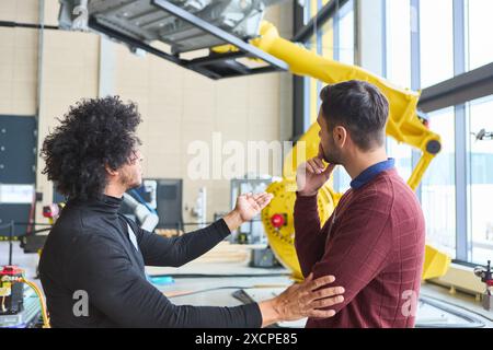 Zwei Ingenieure diskutieren über Roboterarme und Automatisierungstechnologien in einem modernen industriellen Umfeld. Stockfoto