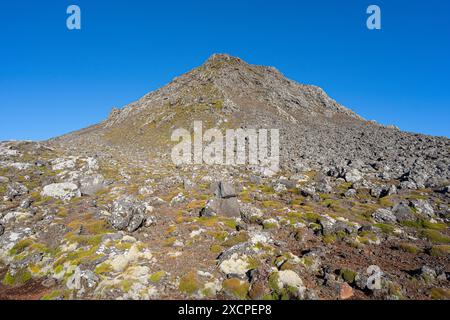 Morphologische Charakteristika des unregelmäßigen Geländes des Pico im Azoren-Archipel. Stockfoto