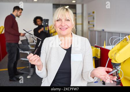 Gruppe von Fachleuten in einem Robotik-Schulungslabor, die sich auf einen Roboterarm konzentrieren und Programmierung und Automatisierung diskutieren. Stockfoto
